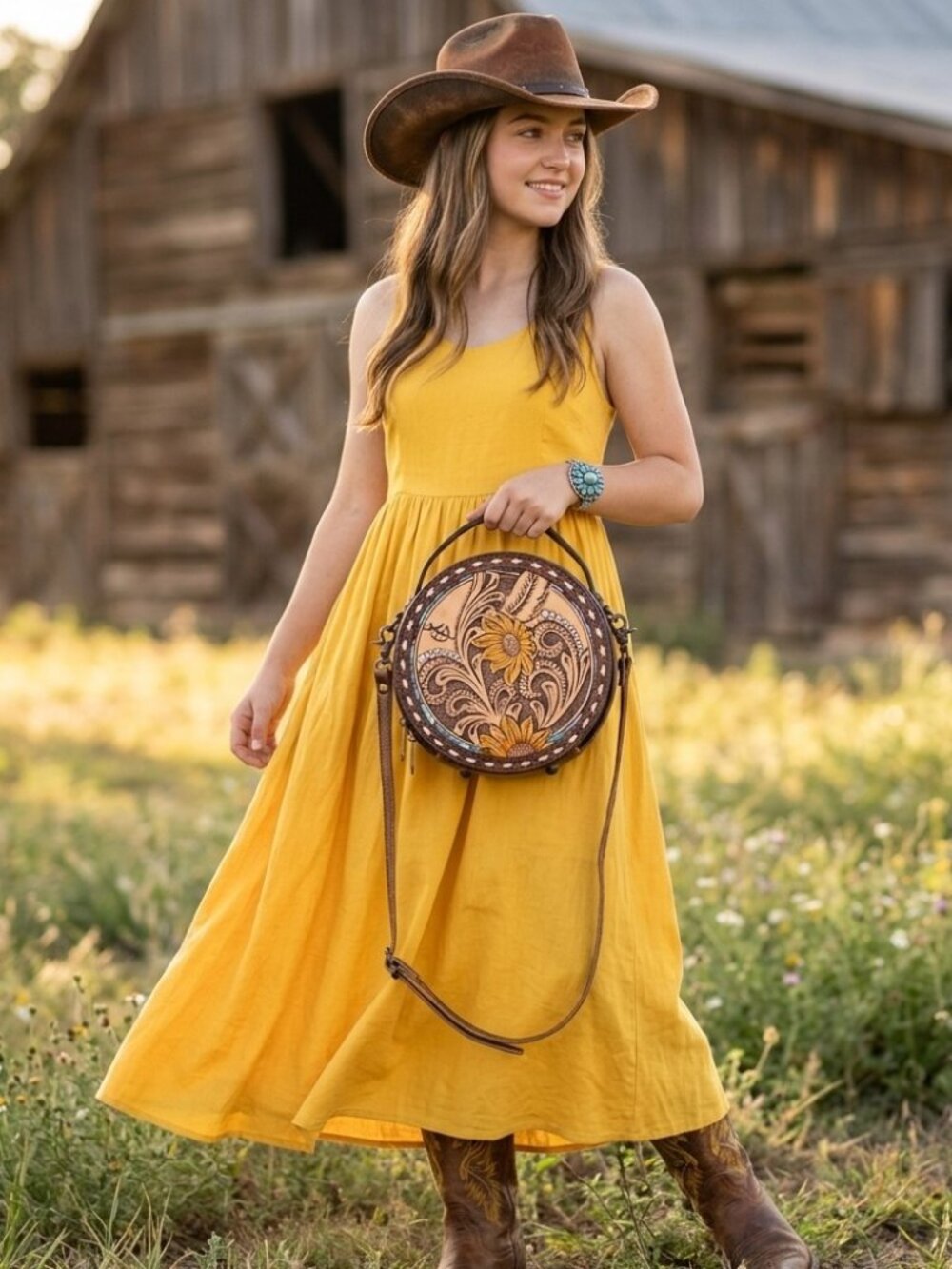 American Darling Sunflower Tooled Leather Crossbody